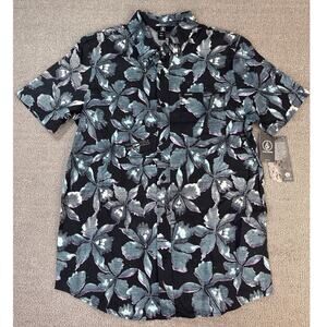 NWT Volcom Button Down Casual Shirt Warbler Short Sleeve Black Floral Size Small